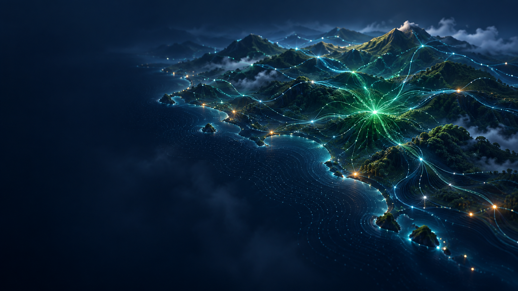 Paisaje montañoso conectado por una red luminosa de datos